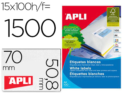 CJ100 hojas A4 1500 etiquetas adhesivas Apli 01295 70x50,8mm. ILC